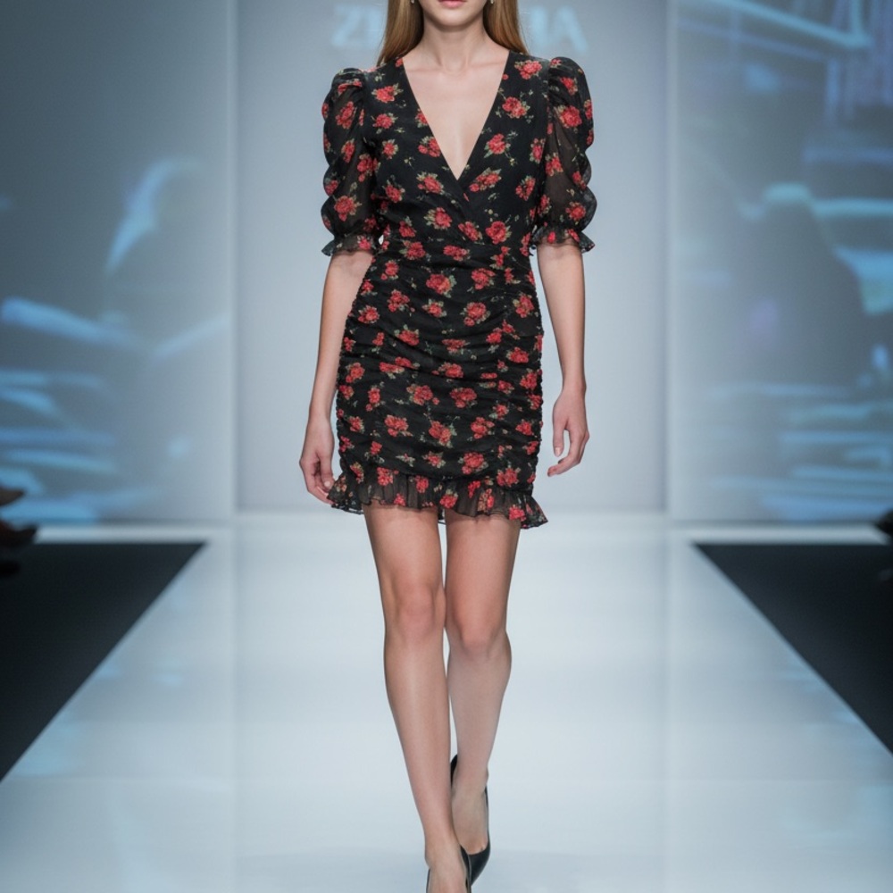 Zara NWT Black Mini Dress with Red Floral Print